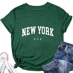 Women New York USA Letter Print Short Sleeve T-Shirt Casual Loose Round Neck Cotton Blend Summer Streetwear Top
