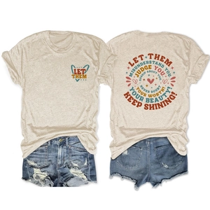 Front and back view of oat-colored cotton T-shirt with Let Them Misunderstand slogan