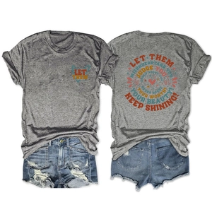 Detailed flat lay of grey cotton T-shirt showing front and back motivational prints
