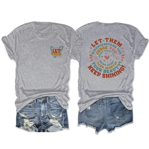 Detailed front and back view of gray short sleeve T-shirt with Let Them Misunderstand print