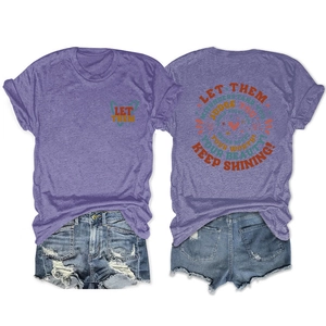 Detail of purple cotton T-shirt with inspirational typography and distressed denim shorts