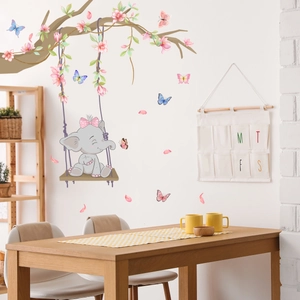 Cartoon elephant on swing with cherry blossoms and butterflies wall stickers for kids room