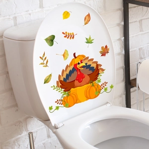 Thanksgiving turkey and pumpkin toilet sticker on white seat for bathroom decoration