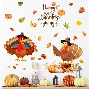 Cartoon Thanksgiving muurstickers met kalkoenen, esdoornbladeren en pompoenen voor huis