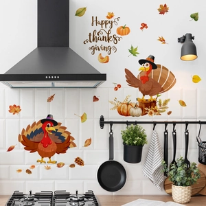 Keukenwand detail met cartoon kalkoen en pompoen Thanksgiving muurstickers