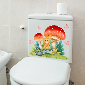Adesivo per toilette con fungo e orsetto con chitarra su un WC bianco nel bagno