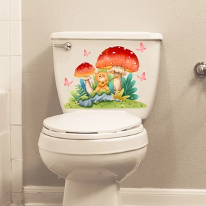 Adesivi cartoon orsetto e funghi decorativi per il serbatoio del WC del bagno
