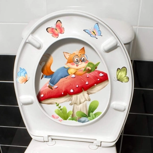 Adesivo per sedile WC con volpe che legge su fungo e farfalle colorate decorative