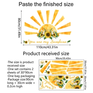 Detail view of sunflower wall decals showing 110x80cm layout and 30x90cm DIY sheet size