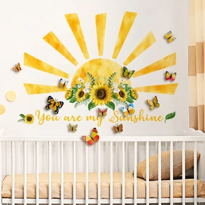 Detail of sunflower wall stickers with butterflies and You are my Sunshine quote