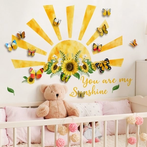 Creative sunflower and butterfly wall stickers with You are my Sunshine quote for nursery