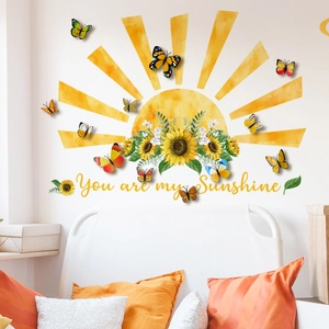 Close-up of You Are My Sunshine watercolor wall decals with sunflowers and butterflies