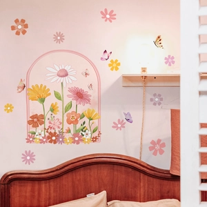 Stickers muraux arche fleurie avec marguerites et papillons pour décoration intérieure