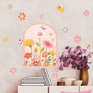 Stickers muraux fleurs marguerites et papillons avec design de fenêtre pour décoration