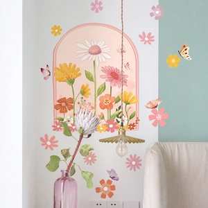 Stickers muraux arche fleurie avec marguerites roses et papillons décoratifs