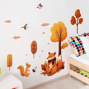 Autumn forest animal wall stickers with fox and squirrel for kids room decor