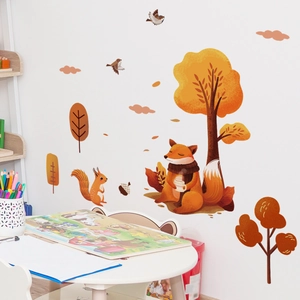 Autumn forest animal wall decals with cute foxes and squirrels for nursery room decor