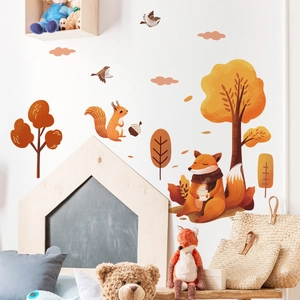 Autumn Forest Animals Wall Stickers PVC Fox Squirrel Tree Decals For Kids Nursery Bedroom Cartoon Decor