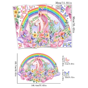 Stickers muraux licorne arc-en-ciel avec fleurs et papillons pour chambre d'enfant