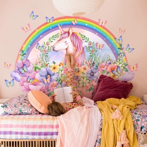 Stickers Muraux Licorne Arc-En-Ciel Fleurs Papillon PVC Décalcomanie Amovible Pour Chambre D'Enfant Salon Décoration Maison Art