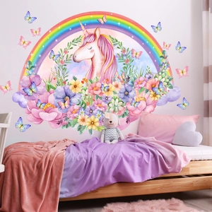 Sticker mural licorne arc-en-ciel aquarelle avec fleurs et papillons pour chambre