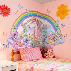 Sticker mural licorne et arc-en-ciel avec fleurs aquarelle pour chambre d'enfant