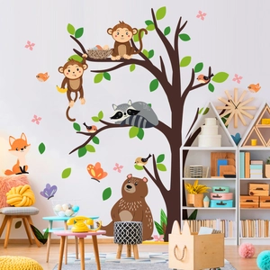 Adesivo da Parete Albero Animali della Foresta Scimmia Orso Volpe Procione PVC per Cameretta Bambini Casa