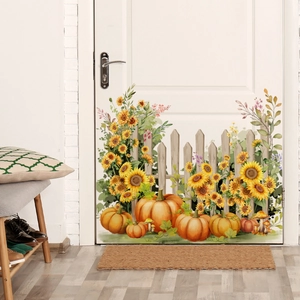 Autumn sunflower wall sticker with pumpkins and white fence on a white wooden door
