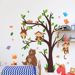 Dettaglio di adesivi murali foresta con scimmie, orsi e volpi per cameretta bambini
