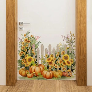 Sunflower Pumpkin Wall Stickers PVC Removable Wooden Fence Decals For Door Living Room Thanksgiving Harvest Home Decoration