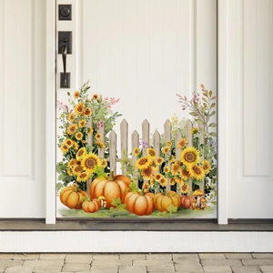 Autumn wall sticker featuring sunflowers, pumpkins and fence on a white door