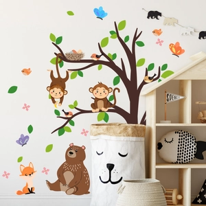 Adesivi murali foresta con grande albero, orsi, volpi e scimmie per la camera dei bambini deco