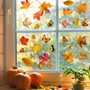 Stickers de fenêtre d'automne avec feuilles d'érable et papillons pour déco de maison