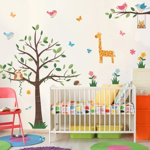 Cartoon forest tree wall stickers with giraffe and owl for kids nursery room decor