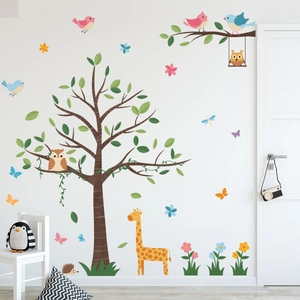 Cartoon forest tree wall sticker set with giraffe, owls and birds for nursery decor