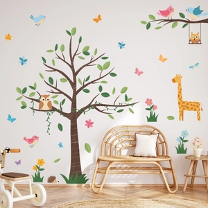 Cartoon forest tree and giraffe wall stickers for kids room decoration in warm tones