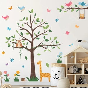 Cartoon Forest Animal Wall Stickers Big Tree Giraffe Owl Nursery Kids Room Bedroom Playroom Decor Removable Self Adhesive PVC Decal