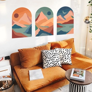 Three-piece arched bohemian wall art stickers featuring abstract mountain landscapes and sun