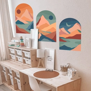 Bohemian abstract mountain sun and moon landscape arch wall stickers for living room decor