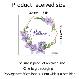 Purple floral bathroom wall sticker with golden hexagon frame and Bathroom text