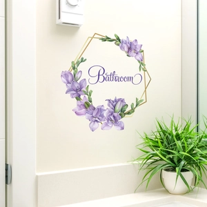 Floral purple wreath Bathroom wall decal with gold hexagonal frame and elegant lettering