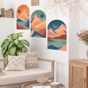 Modern abstract mountain arch wall stickers in earthy Morandi tones for home decor