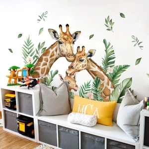 Cartoon Giraffe Family Tropical Leaves Flower PVC Wall Stickers For Kids Room Nursery Removable Home Decor Mural Decal