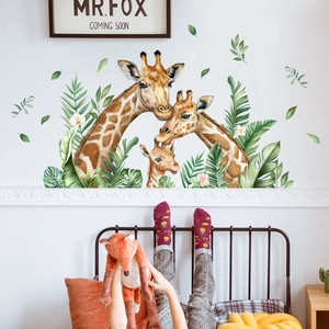 Cartoon giraffe family wall stickers with tropical leaves for nursery room decoration