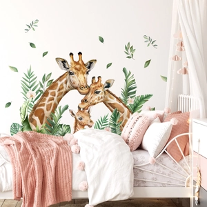 Cartoon giraffe family wall stickers with tropical green leaves for nursery room decor