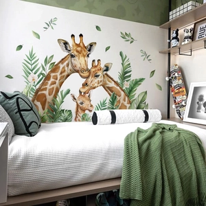 Detailed watercolor giraffe family wall stickers with green leaf decals for nursery room