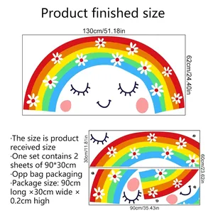 Cartoon rainbow and flower wall stickers for kids room with detailed size measurements