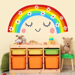 Cartoon rainbow wall sticker with smiling face and daisy patterns for kids' room decor