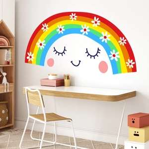 Cute rainbow wall sticker with floral pattern and shy smile for kids bedroom decor