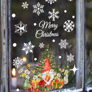 Christmas window stickers set featuring gnome, decorated tree and white snowflakes